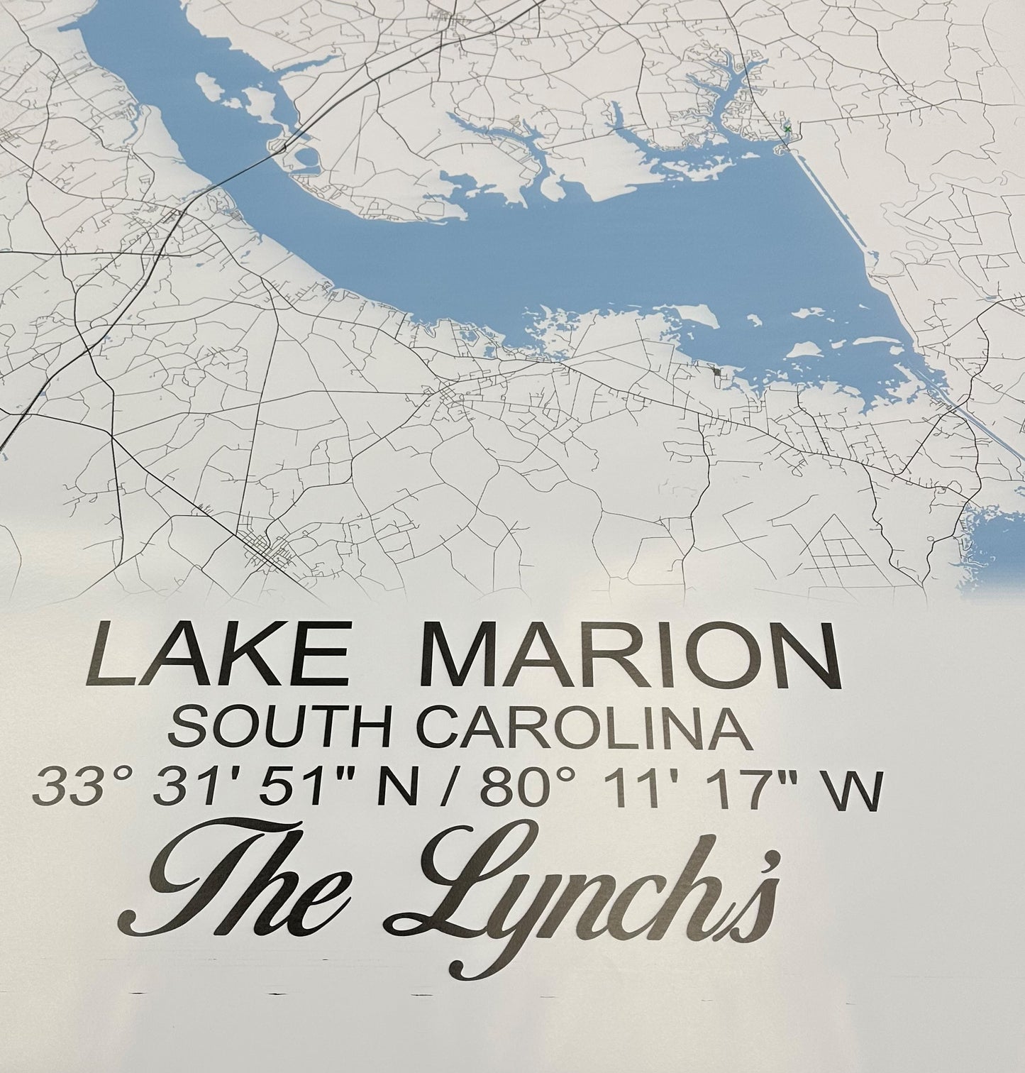Custom Large Print of Lake Marion, Lake Murray, Lake Wateree South Carolina Map - with your Coordinates/Location marked- Your Family Name