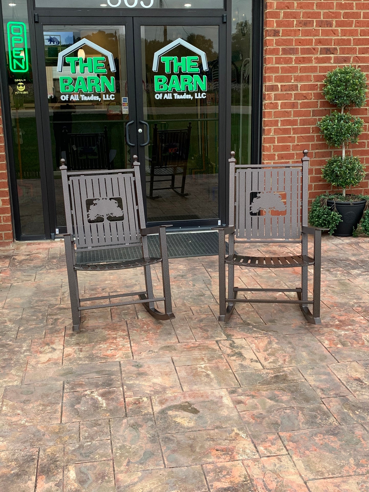 Custom Rocking Chairs- All Metal-Powder Coated your color choice- Your Design choice in back of Rocking Chair