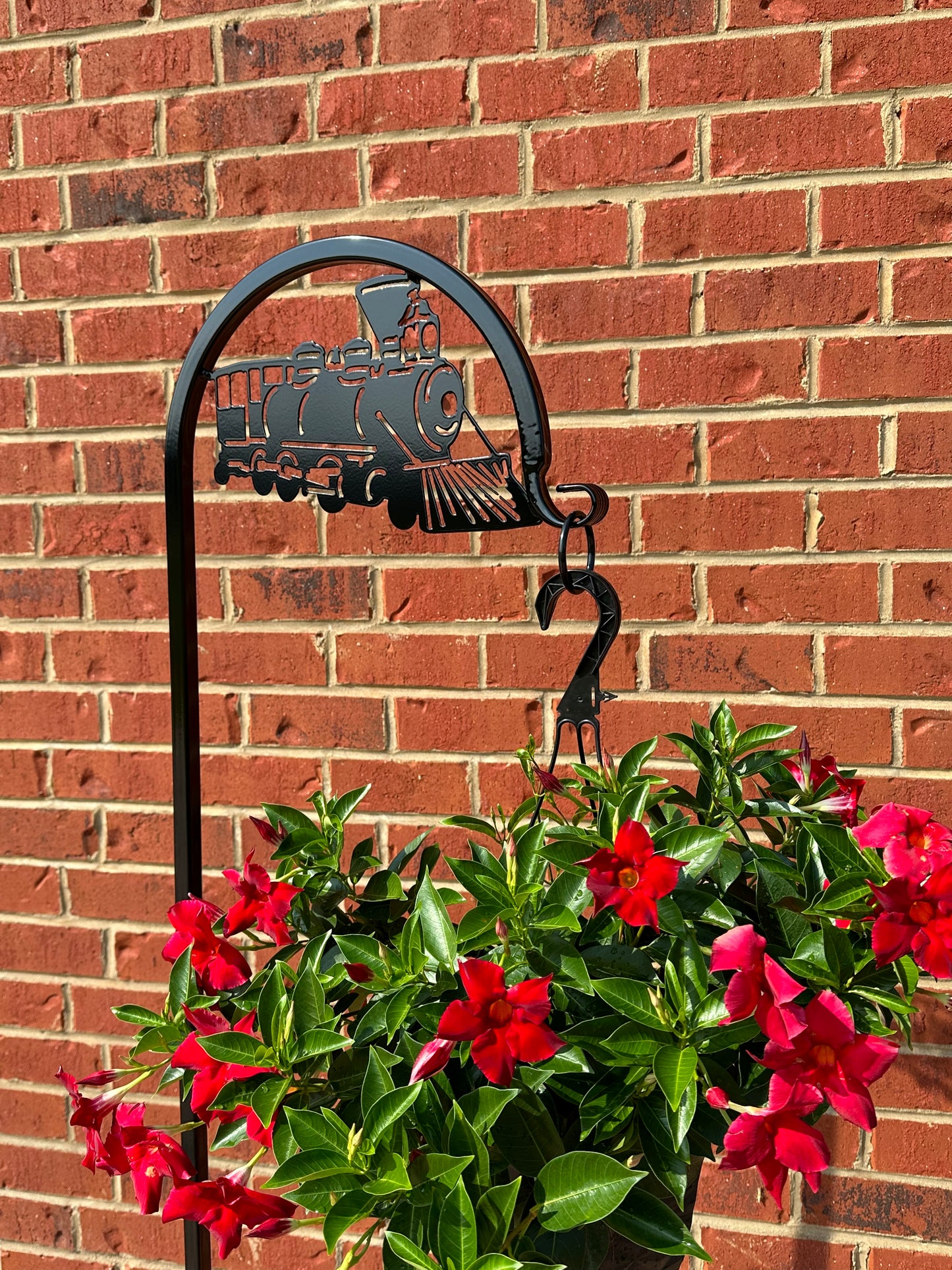 Train Shepherd Hook-Model Train-Railroad- Plant Hanger With or Without Text/Message - 60 inch Tall Powder Coated Steel- Memorial Train Gift