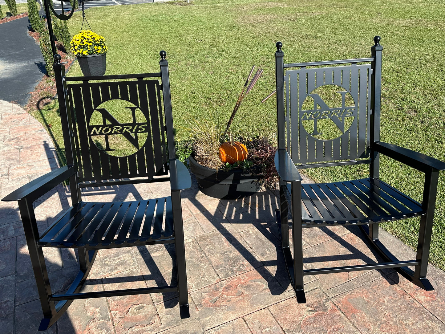 Custom Rocking Chairs- All Metal-Powder Coated your color choice- Your Design choice in back of Rocking Chair