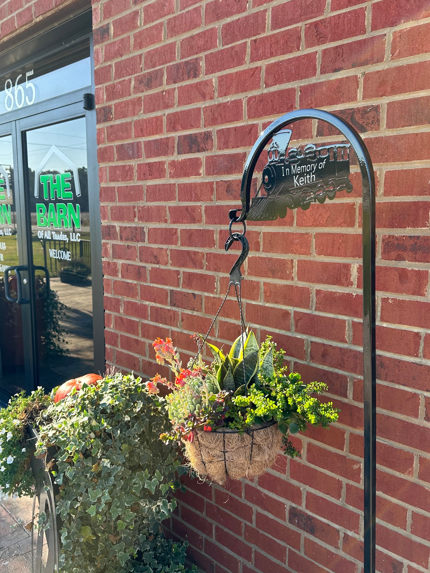 Train Shepherd Hook-Model Train-Railroad- Plant Hanger With or Without Text/Message - 60 inch Tall Powder Coated Steel- Memorial Train Gift