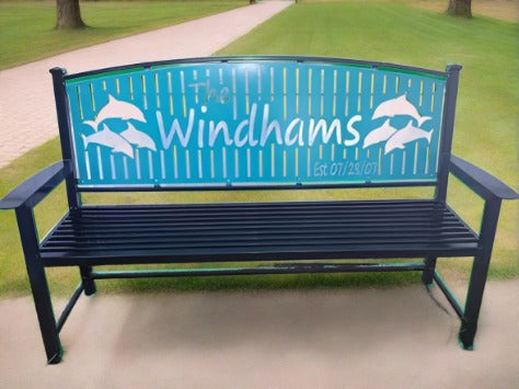 Custom Metal Bench Powder Coated Your color choice- Your design choice in back of bench.