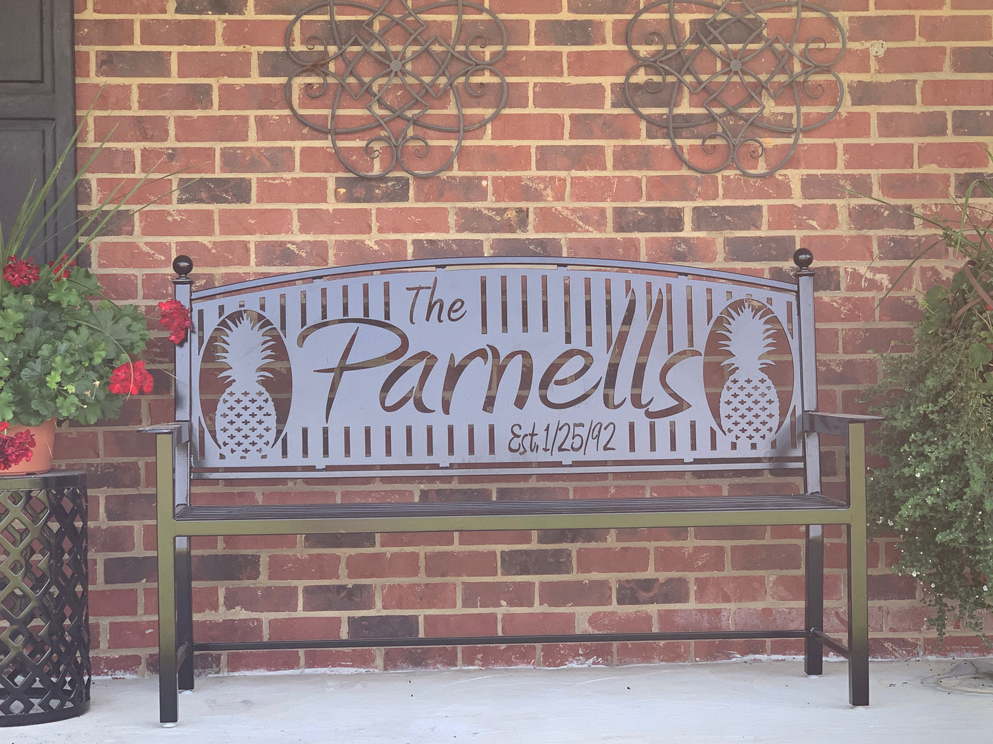Custom Metal Bench Powder Coated Your color choice- Your design choice in back of bench.