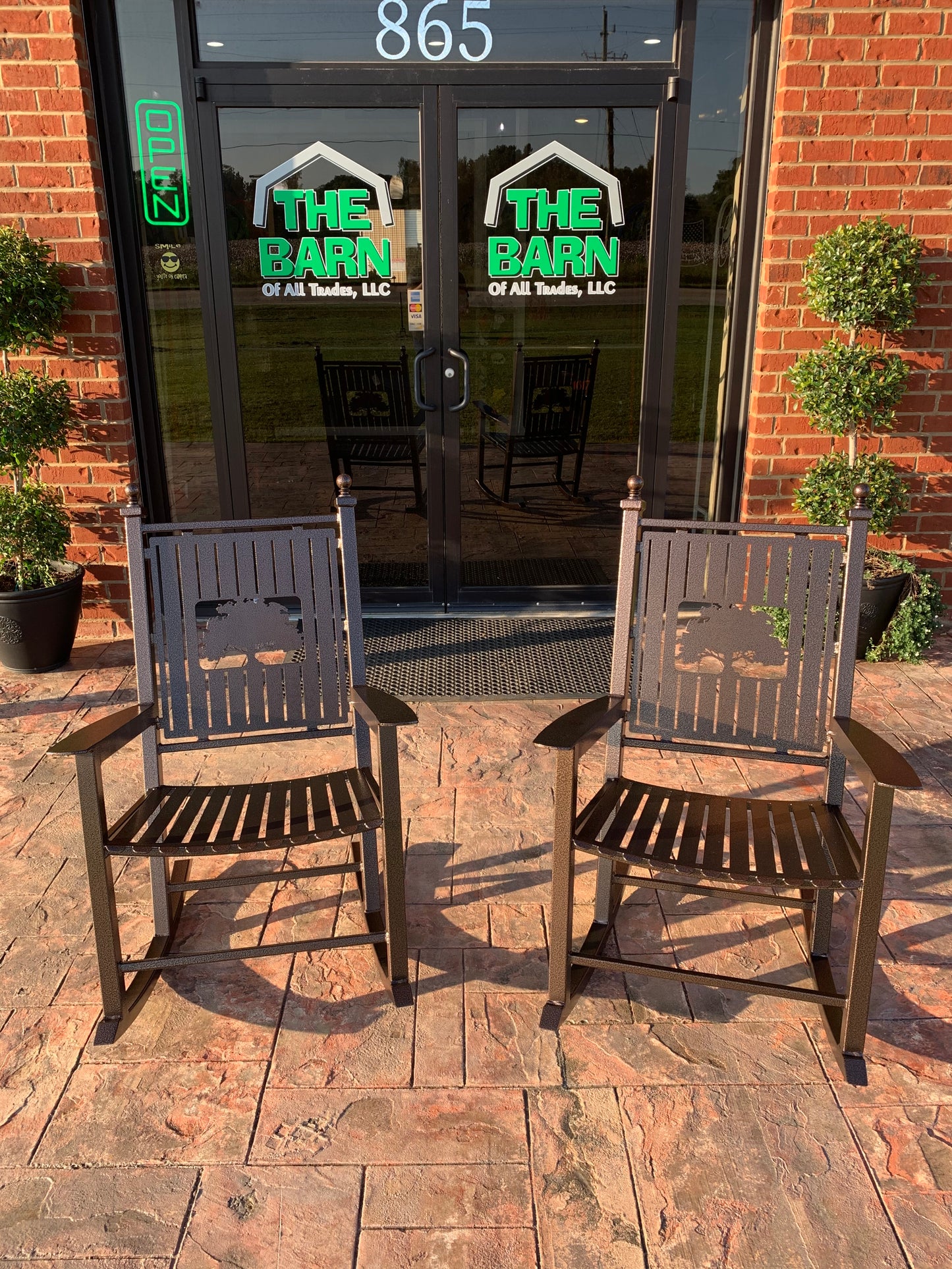 Custom Rocking Chairs- All Metal-Powder Coated your color choice- Your Design choice in back of Rocking Chair