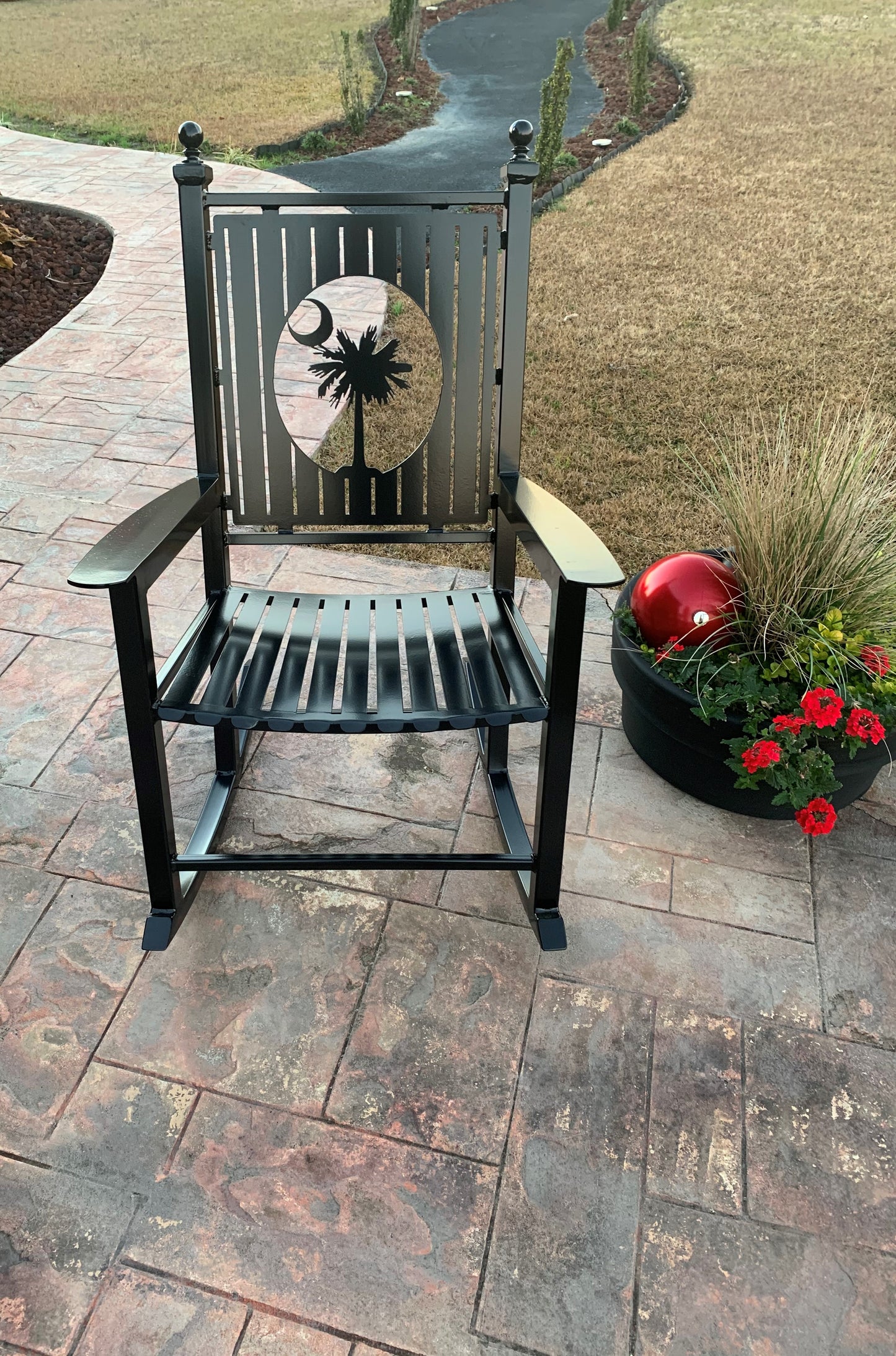 Custom Rocking Chairs- All Metal-Powder Coated your color choice- Your Design choice in back of Rocking Chair