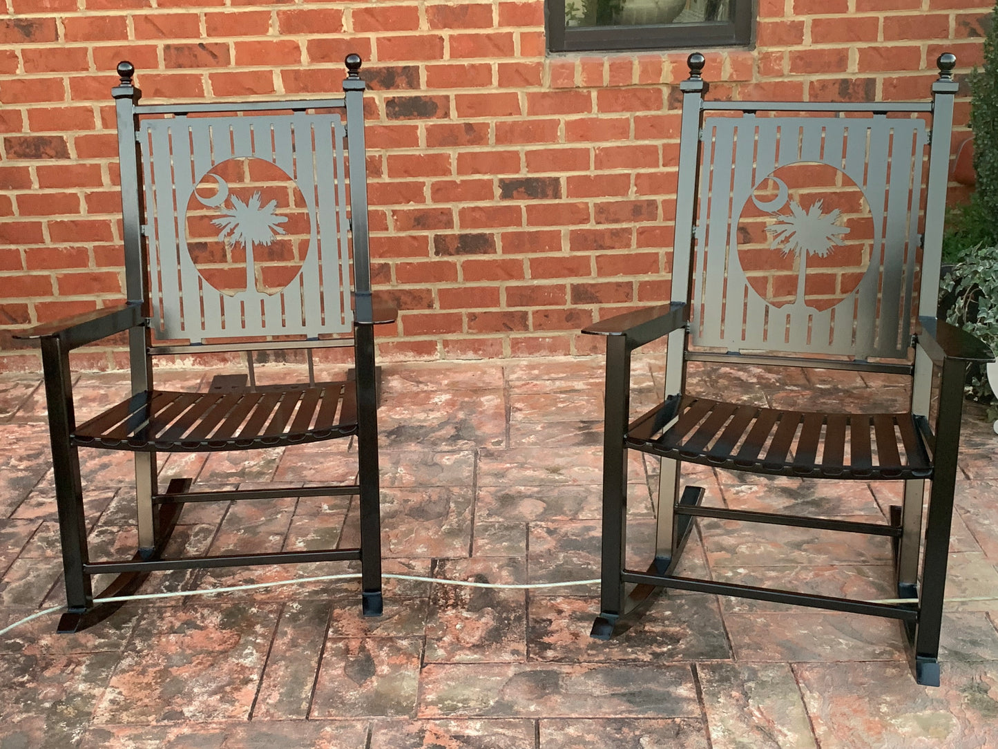 Custom Rocking Chairs- All Metal-Powder Coated your color choice- Your Design choice in back of Rocking Chair