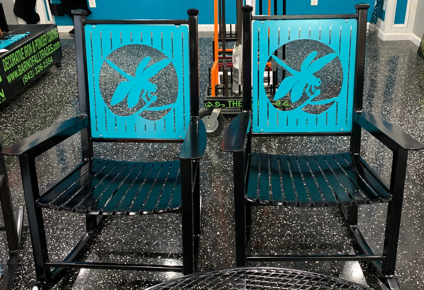 Custom Rocking Chairs- All Metal-Powder Coated your color choice- Your Design choice in back of Rocking Chair