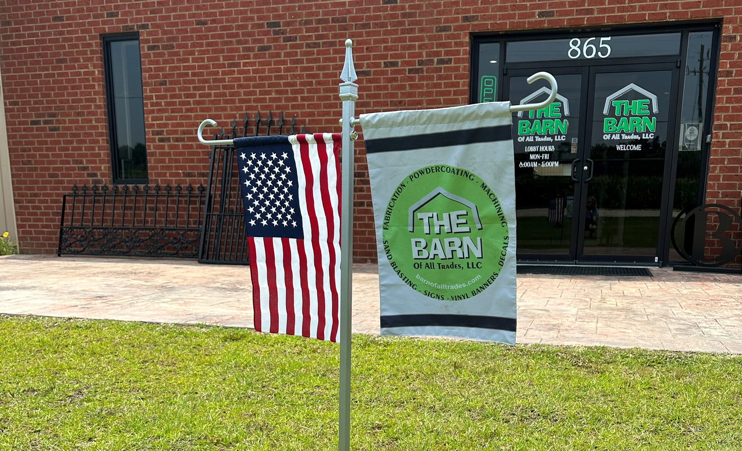 Double Garden Flag Holder Very Sturdy- Your Powder coated color Choice- Your topper choice-Your display choice