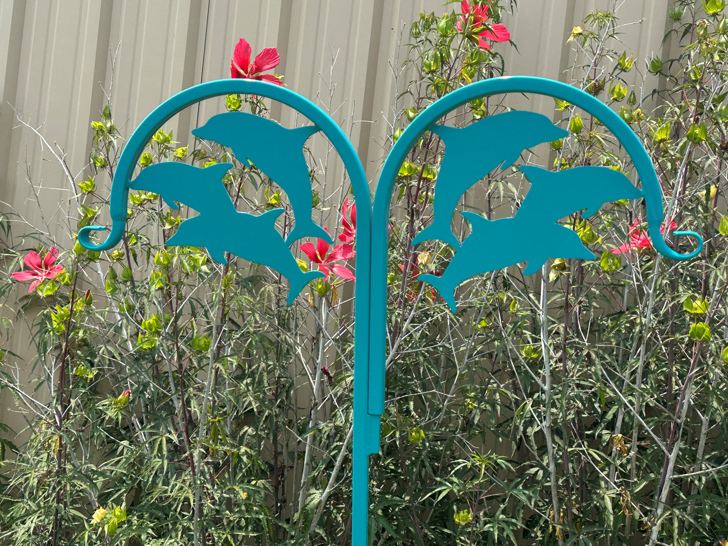 Double Dolphin Shepherd Hook 60" tall- Powder Coated Your Color Choice-Four display options to Choose from