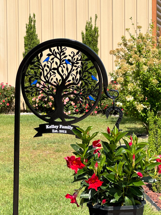 Tree of life Shepherd Hook with Banner and Blue Birds