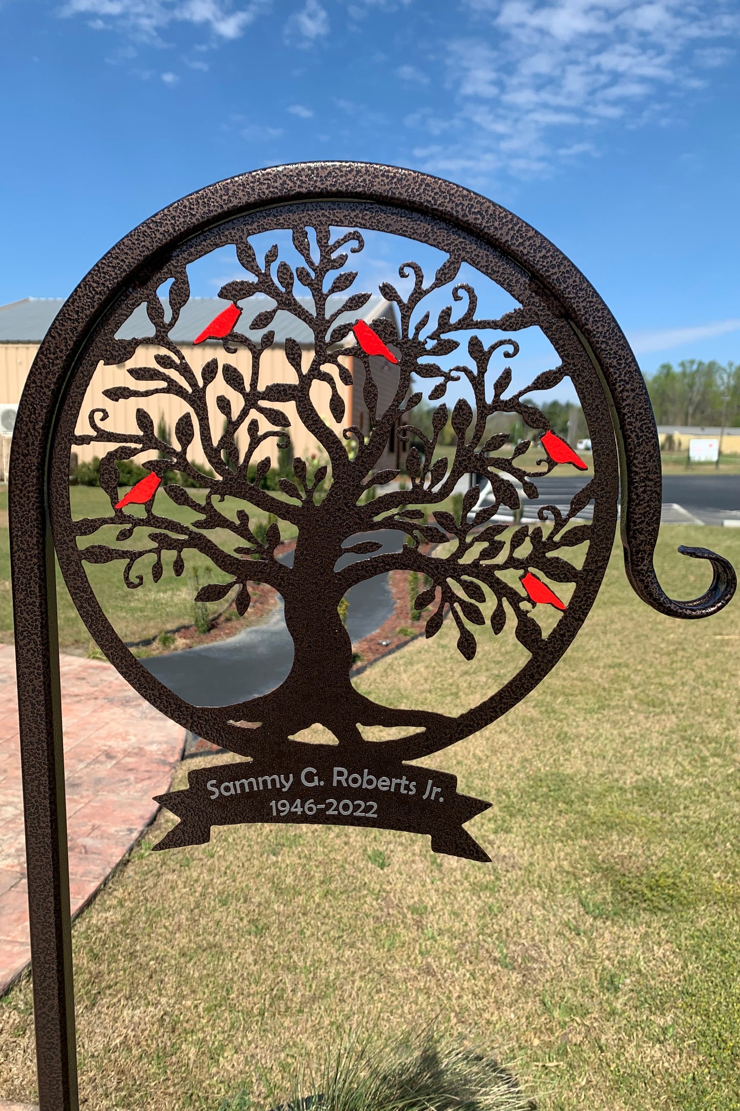 Tree of life Shepherd Hook with Red Birds and Banner-Memorial Gift